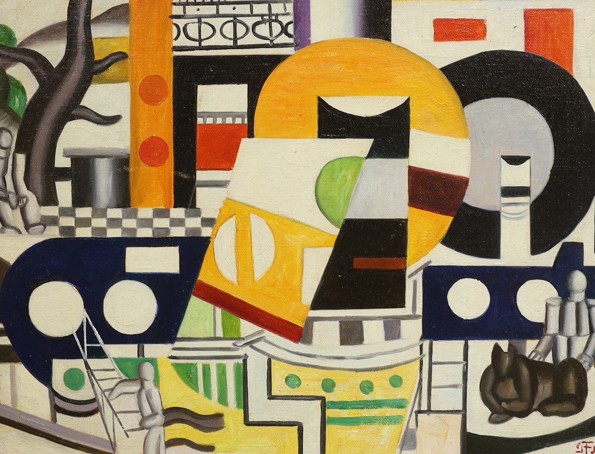 Manner of Fernand Leger (French, 1881-1955) oil on canvas board, Surreal composition, geometric shapes and figures, 29 x 39cm